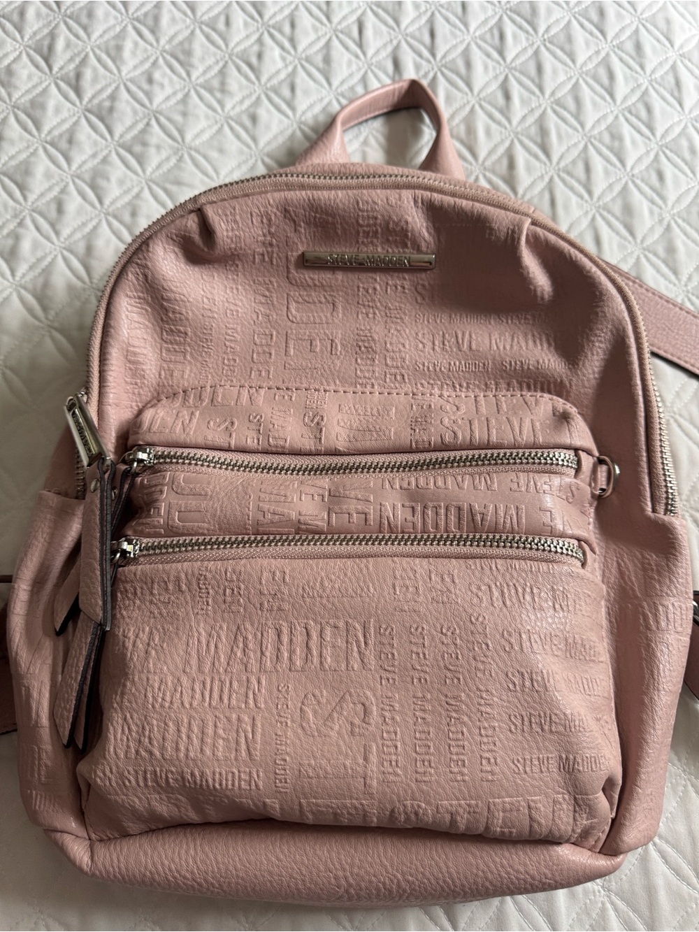Steve Madden Blush Pink Embossed Logo Mini Backpack | Double Zip Front